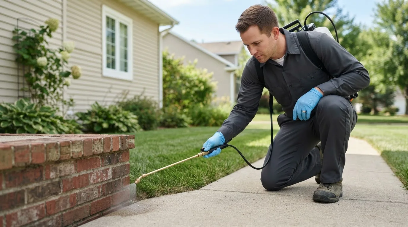 Pest control technician treating a home near Timnath, CO
